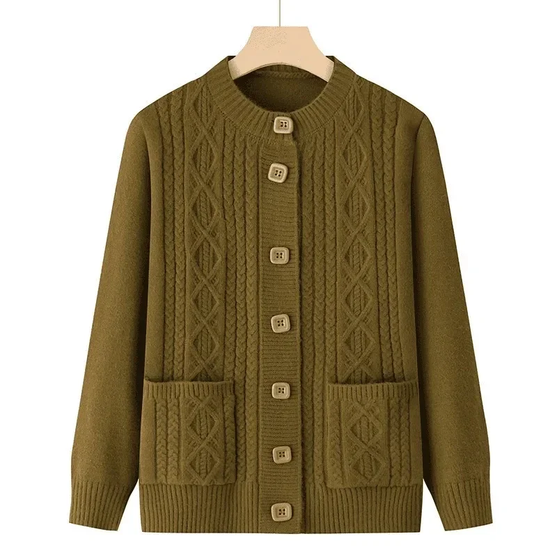Female Knitting Cardigan Sweater Spring Autumn Middle Aged Mother Fashion Women's Bottoming Top Temperament Long Sleeve Sweater
