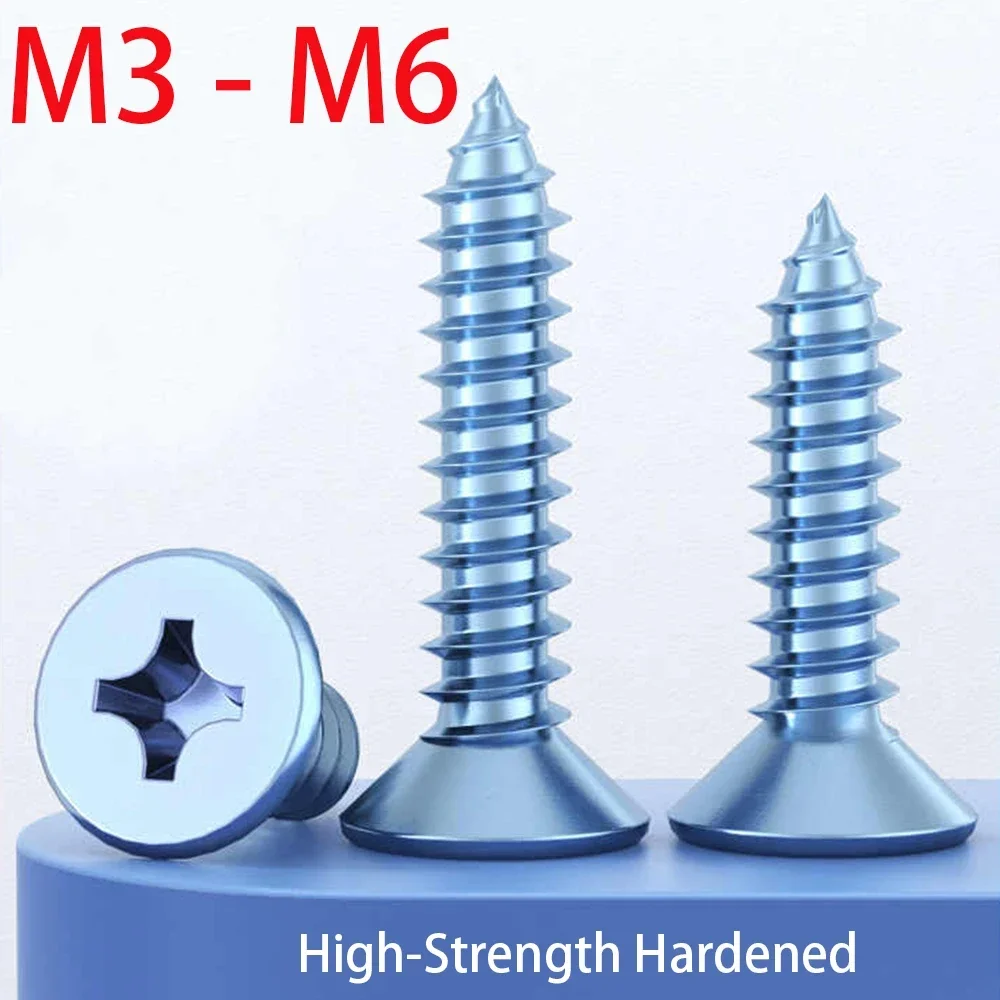 M3 M4 M5 M6 Phillips Countersunk Head Self-Tapping Screw Carbon Steel Flat Head Wood Screws Length 6/8/10-60mm Blue Zinc Plating