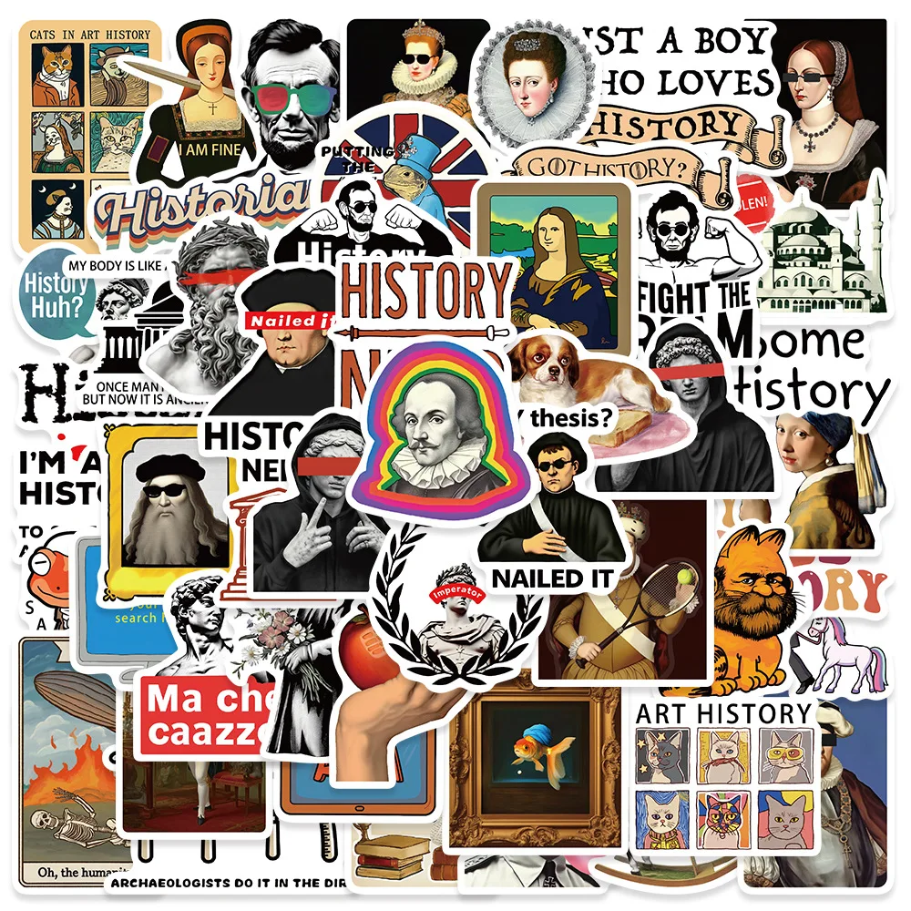 50 Uds. De pegatinas divertidas de historia, pegatinas DIY para álbum de recortes, teléfono, equipaje, monopatín, calcomanías impermeables