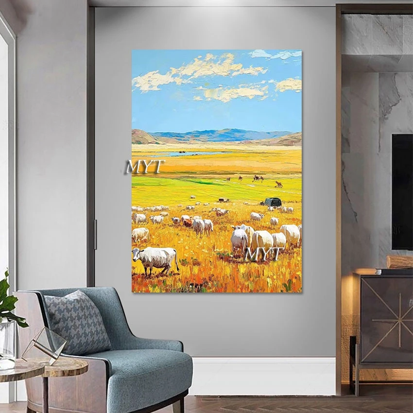 High Quality Beautiful Grassland And Cattle Hand Painted Scenery Oil Painting Luxury Decoration For Home Custom Canvas Picture