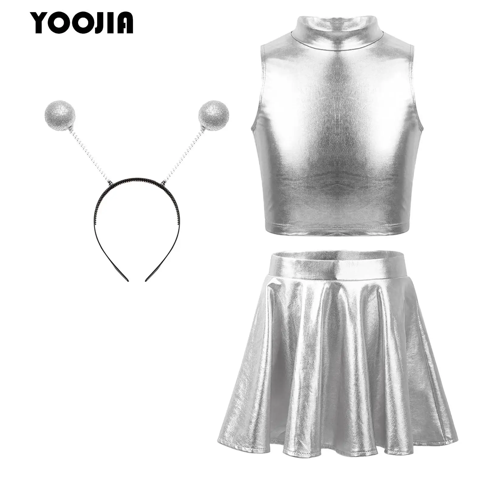 

Girs Shiny Halloween Alien Costumes Outer Space Metallic Tank Crop Top and Pleated Skirt Set for Outer Space Astronaut Cosplay