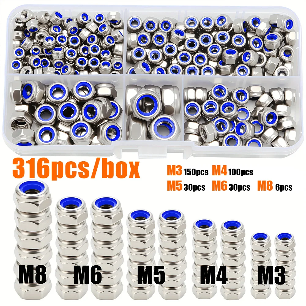 316A Grade Stainless Steel Nuts with Nylon Locknuts, M3-M8, Suitable for Decorative, Scientific Applications and DIY Enthusiasts