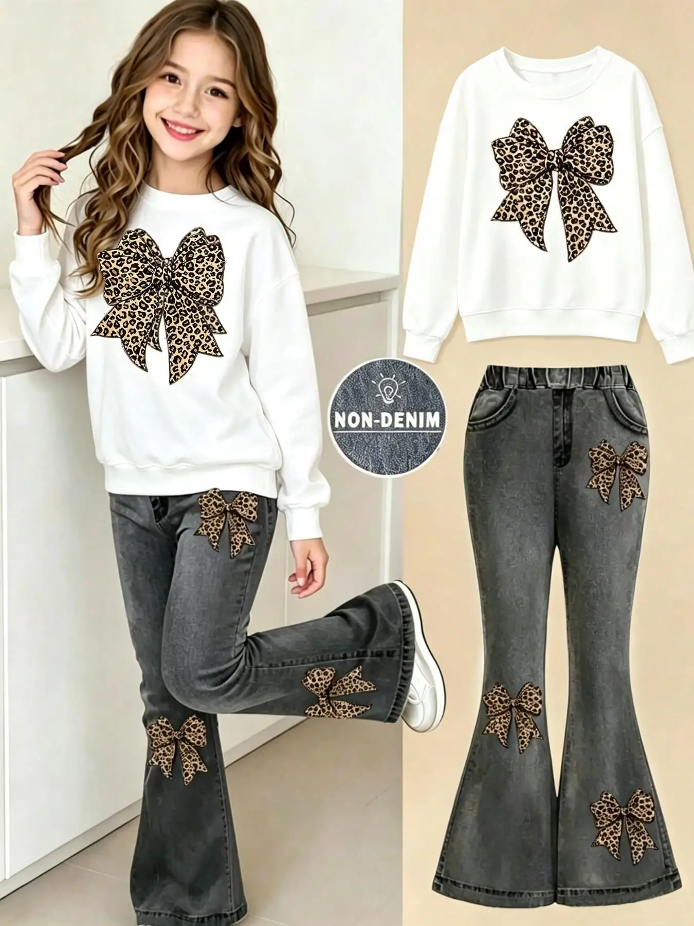Girls' Autumn Outfit Set: Leopard Print Bow Long-Sleeve Crewneck Sweatshirt + Digital Print Faux Denim Flared Pants Two-Piece Set, Suitable for Girls over 3 Years Old, Versatile Autumn and Winter Clothing
