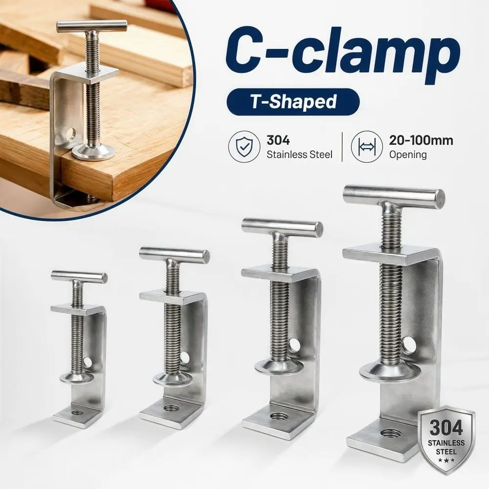 1pc 304 Stainless Steel C-clamp T-Shaped 20-100mm Opening Square Clamp Adjustable Sturdy Fixed Holder Clip Hardware Fasteners