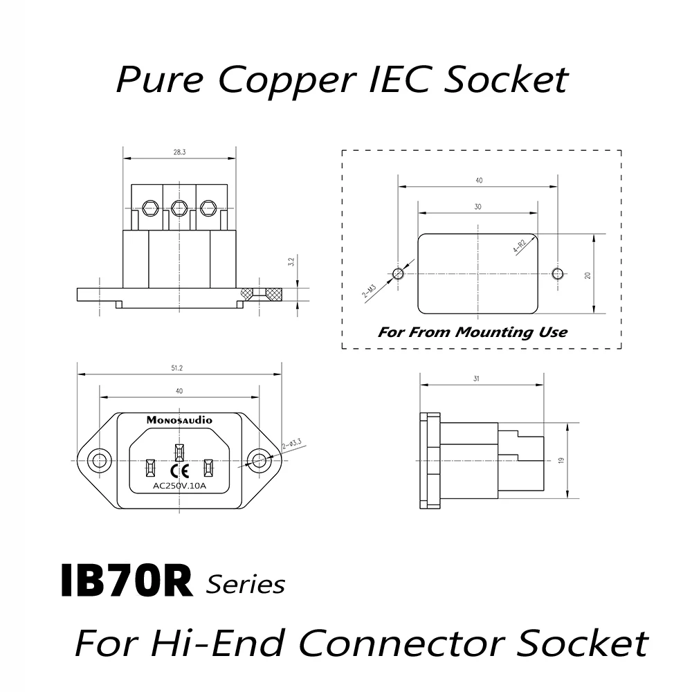 IB70R Monosaudio Pure Copper Rhodium Plated AC IEC Inlet Socket audiophile Power IEC320 Mains connector C14 Power Socket