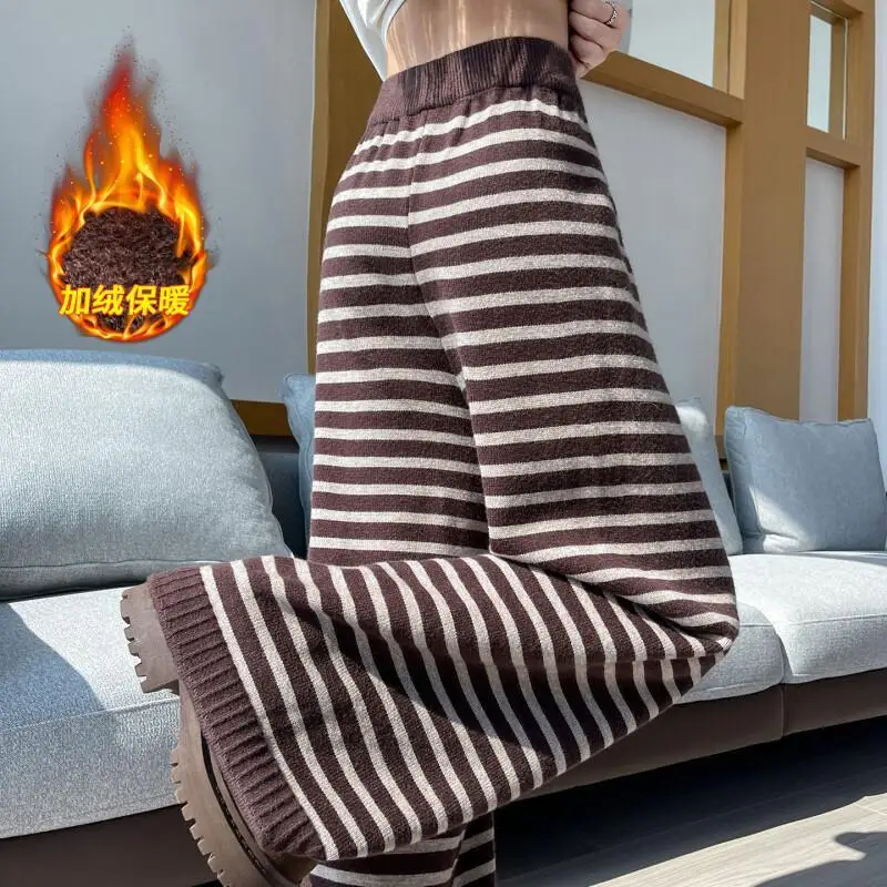 Frauen Herbst Und Winter Faul Streifen Fleece Breite Bein Hosen Frauen verdickt Elastische Taille Kordelzug Hohe Taille Schlank Gerade