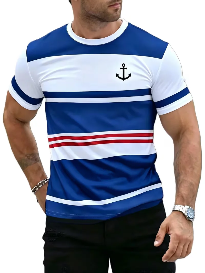 Mens T-shirt black white grey horizontal stripe anchor graphic print short sleeve crew neck nautical casual top