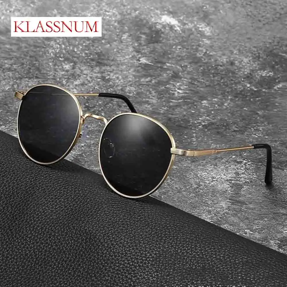 

KLASSNUM Classic Retro Round Sunglasses Men Women Metal Frame Sun Glasses Black Lens Hippie Shades UV400 Driving Travel Eyewear