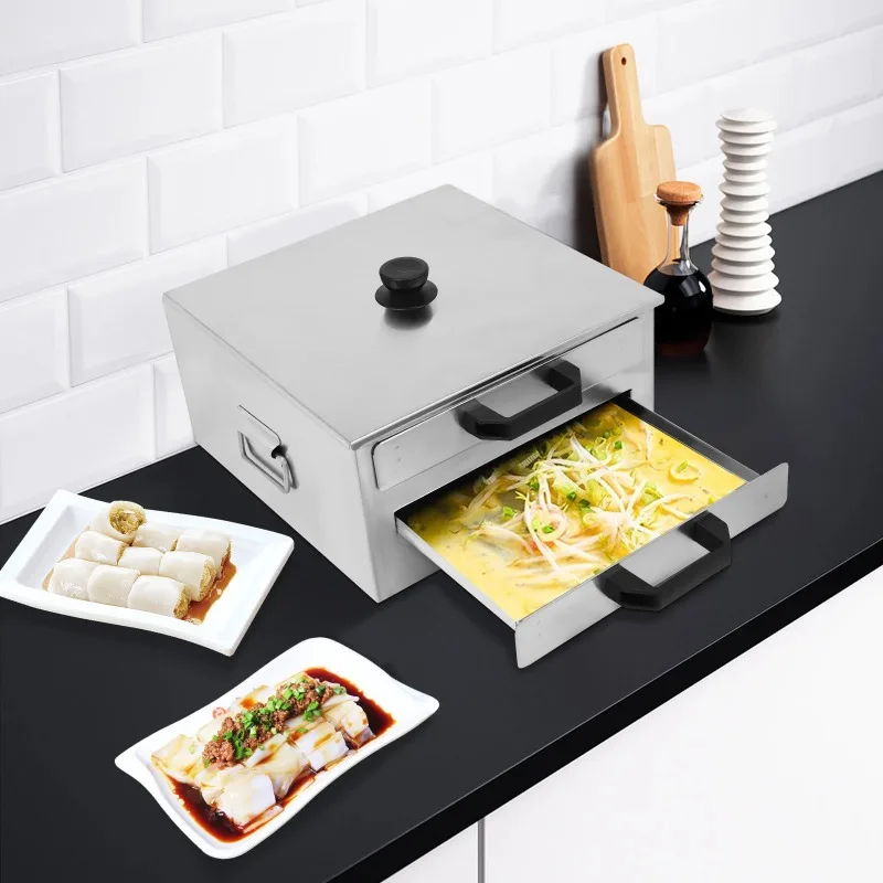 Vaporizador de alimentos en rollo de fideos de arroz de estilo chino, tipo abierto, plato de cocina de capas cuadradas de acero inoxidable con bandeja adicional