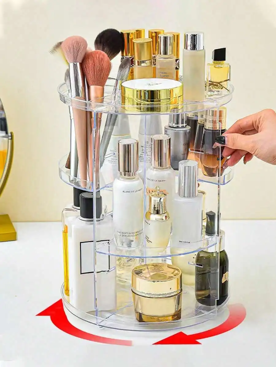 

Rotating 360 Degree Acrylic Makeup Organizer Box, Vanity Desktop Storage Holder For Lipstick, Skincare & Beauty Products Display,For Holiday Beach, Bathroom Collection, Bedroom Collection, Large Capacity