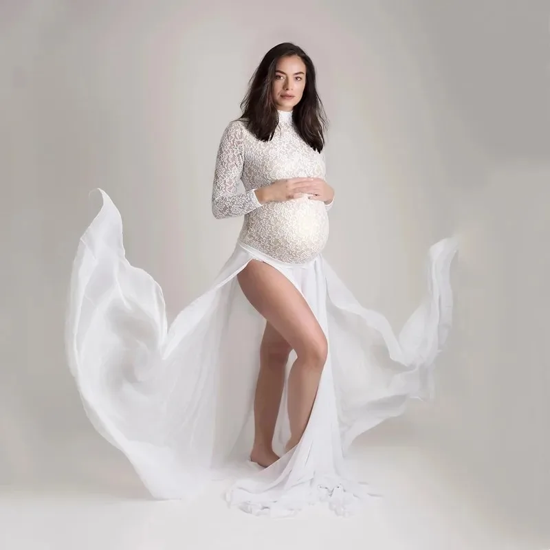 Maternity Dresses for Photo Shoot Long Sleeve Bodysuit+High Split Pregnancy Maxi Gown Chiffon Dress Baby Shower Photography