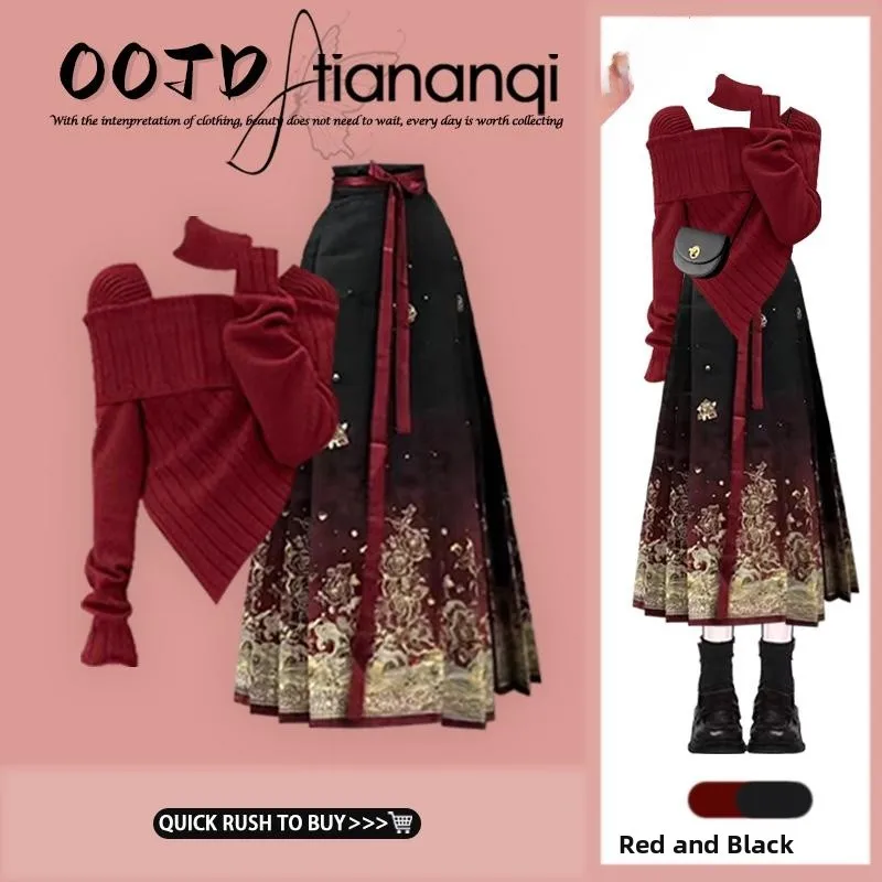 

Новый осенний китайский красный вязаный свитер на одно плечо, укороченный комплект с юбкой в национальном стиле, женская одежда