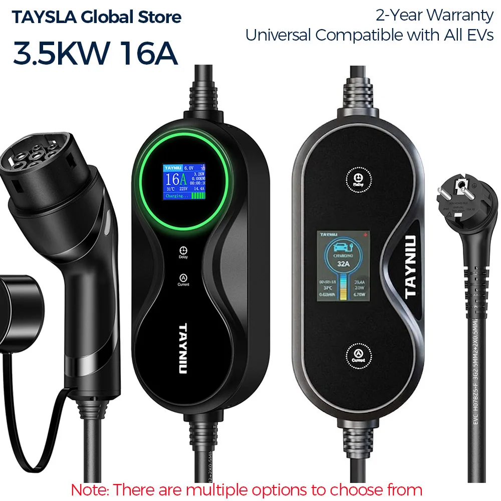 TAYNIU 16A 3.5kW Portable EV Charger – Type 2 (IEC 62196-2) with Schuko Plug, 3.5m/5m/10m Cable Length Options for Electric Cars