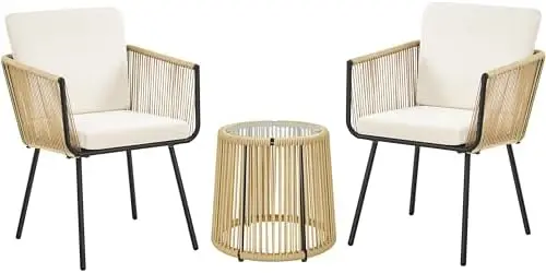 3 Piece Patio Rattan Bistro Set, Outdoor All Weather PE Wicker Conversation Furniture Set with 2 Chairs & Tempered