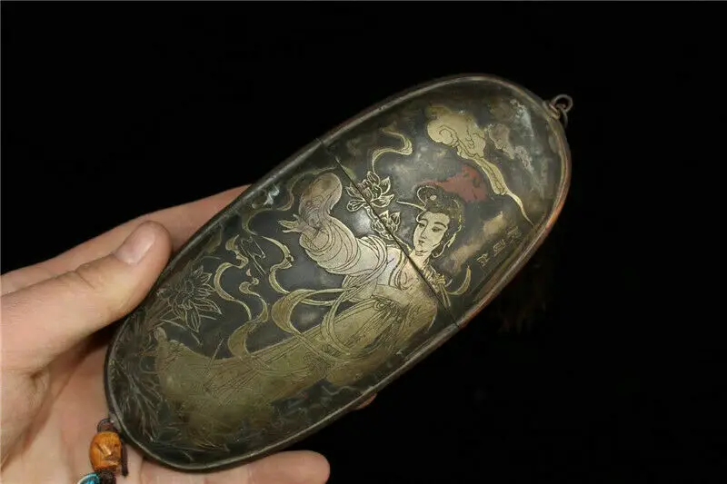 

6.30" Collection old Chinese copper carved people word glasses case Box