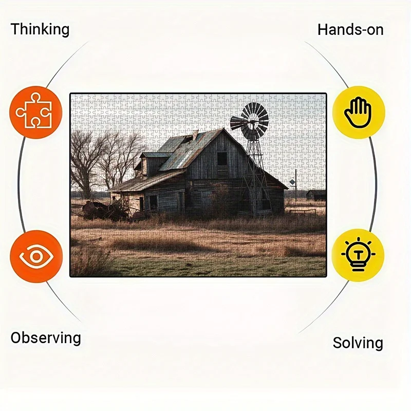 Vintage verlassenes Bauernhaus mit Windmühle, Puzzle für Erwachsene, Retro-Thema, intellektuelles Spiel, Heim- und Freizeit-Dekoration, Puzzle-Spielzeug