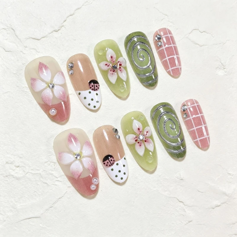 30pcs Press on Nail Art Retro Pink and Green 3D Floral Checkered Almond Shaped False Nails  Perfect for Girls Everyday Use