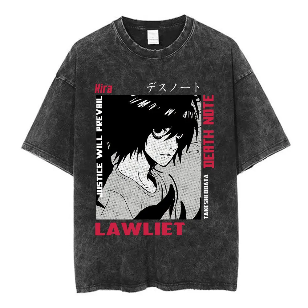 Vintage Washed Anime Death Note L·Lawliet Yagami Light T Shirt Men Women Clothing Fashion Casual Oversized Short Sleeve T-shirts