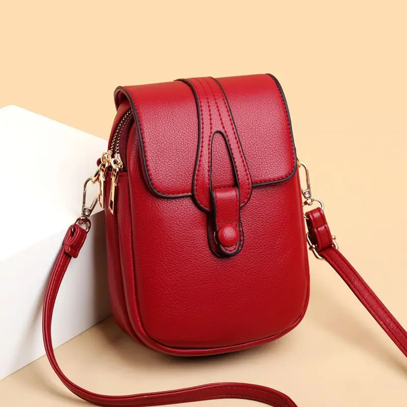 PU Leather Textured Women Bag Mobile Phone Bag 2023 New  Shoulder Messenger Bag Fashion All-Match Middle-Aged