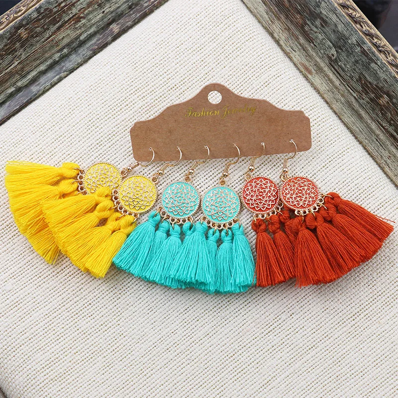 Bohemian Round Colored Glaze Alloy Earring Set Retro Ethnic Style Long Tassel Earrings Women\'s Girls\' Personalized Jewelry