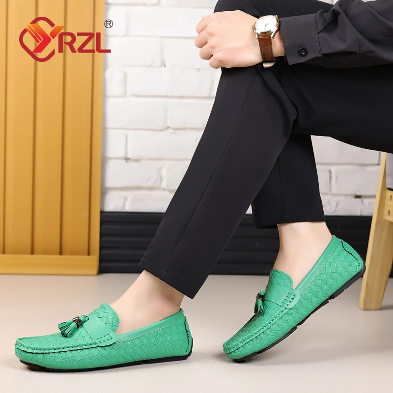 YRZL Green Loafers Men Handmade Leather Loafers Shoes Slip on Casual Driving Flats Comfortable Moccasins Big Size 48 Men Shoes