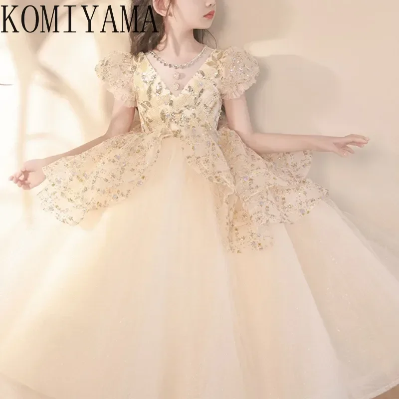 ที่กําหนดเองหวาน O-คอประดับด้วยลูกปัด Ball Gown ชุดวันเกิดพัฟแขน Slim ดอกไม้สาว Spliced หรูหรา Shinny Princ