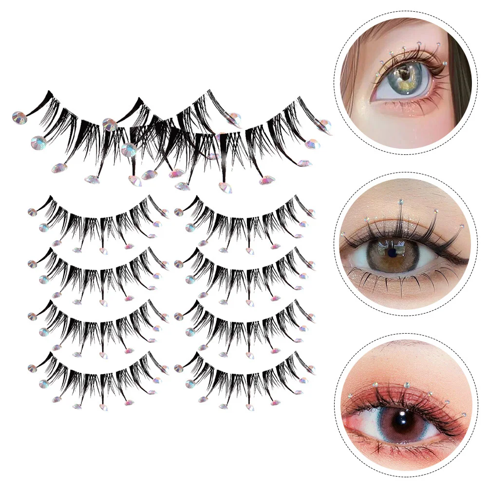 5 ペアのラインストーンつけまつげふわふわまつげエクステンションロングナチュラルルックフェイクまつげパーティークラブ