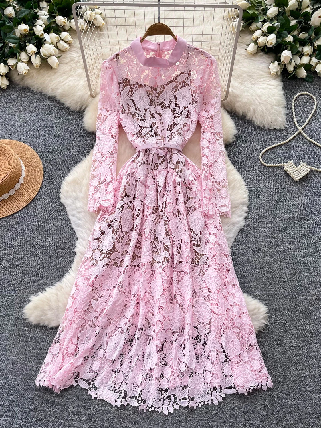 Romantic Vintage Pink Lace Dress Women's Long Sleeve Slim Fit A-Line Skirt High Waist Advanced Sense Ceremony Long Dress