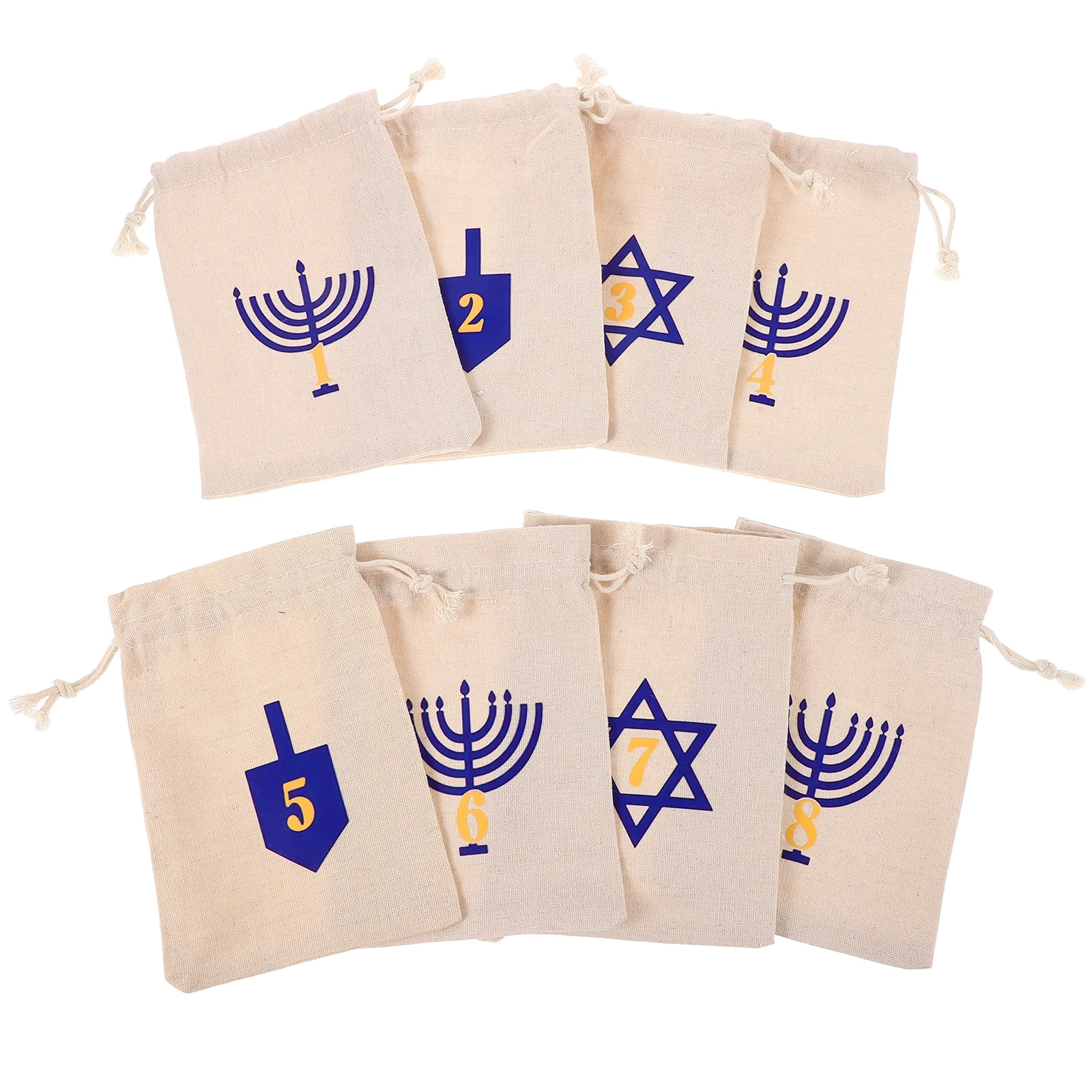 

8pcs Hanukkah Packaging Bags Cotton Festival Gift Drawstring Pouches Decorative Present Bags for Holiday Wedding Birthday Light