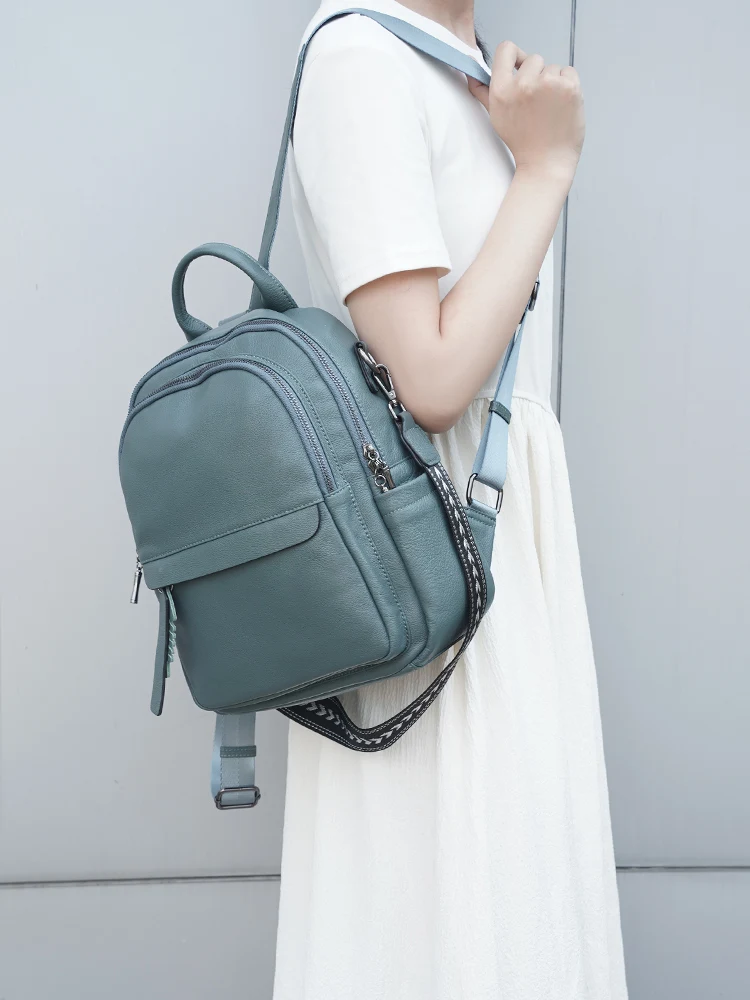 Zency Genuine Leather Backpack Multi-pocket Design Simple Travel Convertible Shoulder Bag Knapsack for Summer Winter Blue