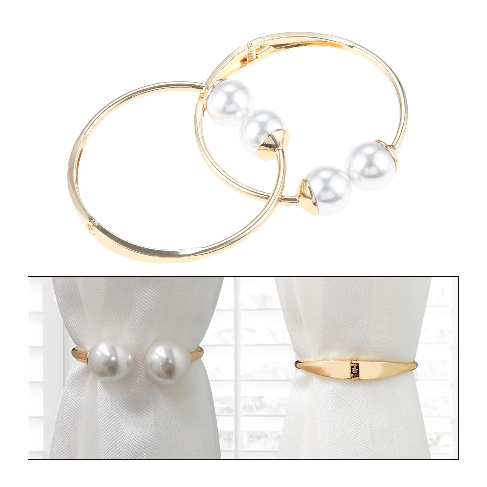 2Pcs Pearls Curtain Tiebacks Round Spring Metal Window Draperies Tie Backs Buckle Clips Accessory Curtain Decorative Accessoires