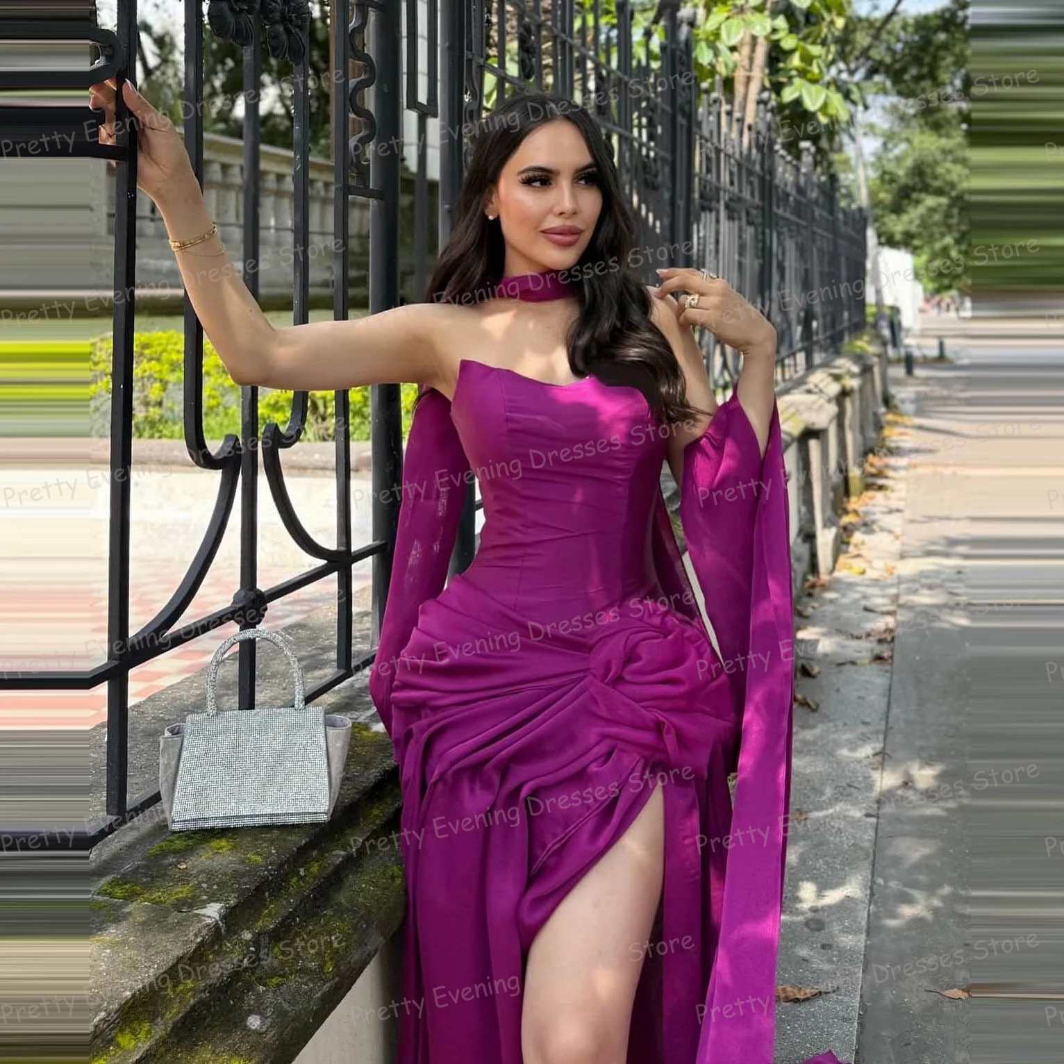 Gaun Malam Merah Muda Sederhana Gaun Prom Wiru Belah Tinggi Seksi Wanita Putri Duyung Gaun Pesta Mode Kustom Vestidos De Novia