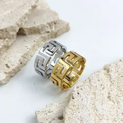 Stylish and charming stainless steel gold-plated men's ring, simple Great Wall pattern women's ring, wedding party jewelry