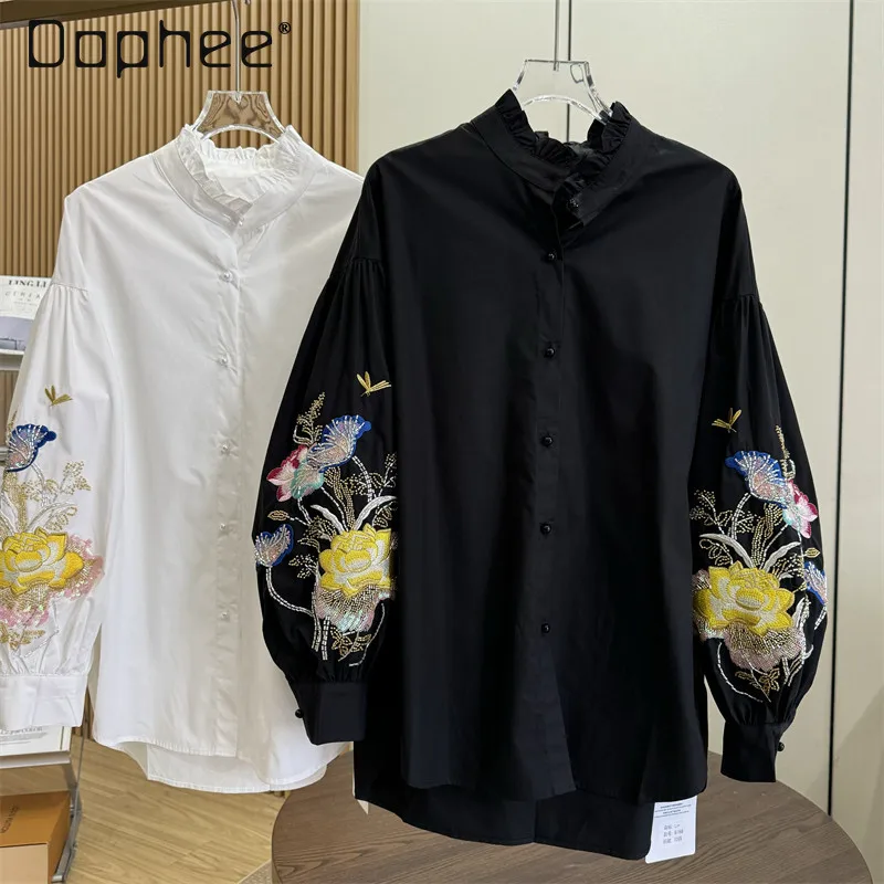 

Элегантная женская рубашка с вышивкой, рукавами-фонариками и воротником-стойкой, свободного кроя, с оборками, повседневная, универсальная, новинка весны