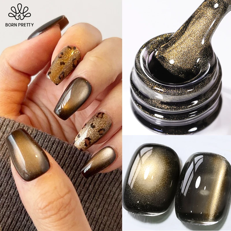 BORN PRETTY Black Gold Cat Magnetic Gel Nail Polish for Glass Nail Art Manicure Design Winter Nails 10ml Varnis Semi Permanent