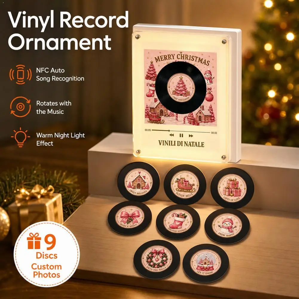 Christmas Mini Record Player Fridge Display Piece With 8 Programmable Discs, Song Import, Christmas LED Accent 128MB