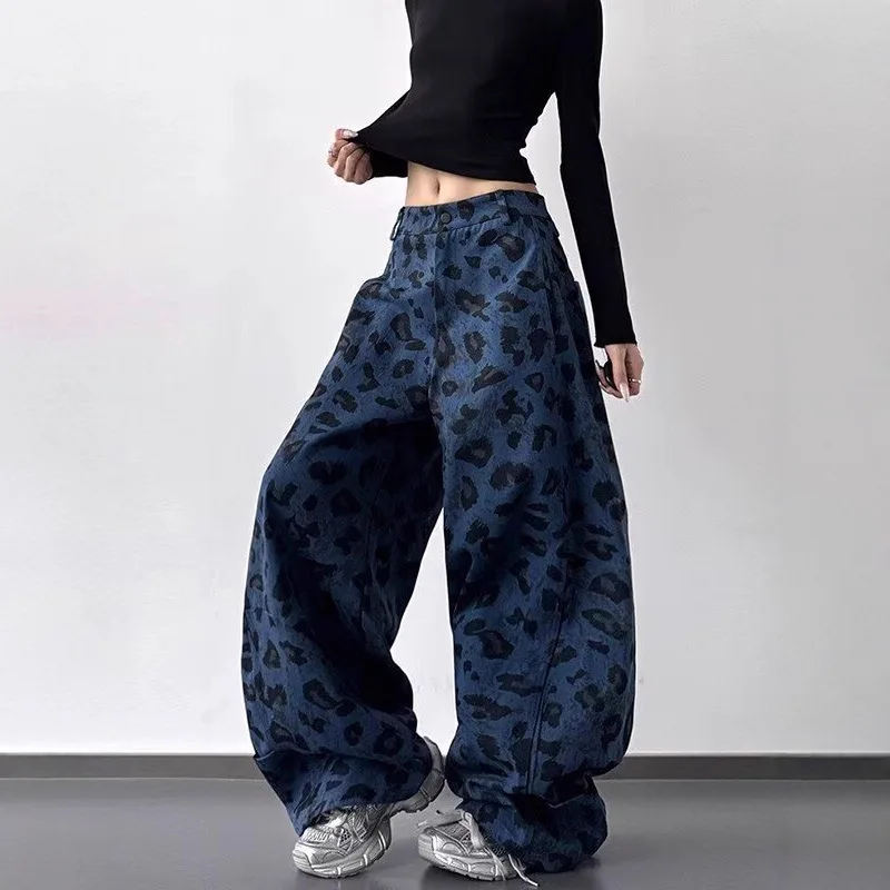 Leopard Print Design Wide Leg Jeans for Women in Spring and Autumn New Loose and Trendy Fashion Pants