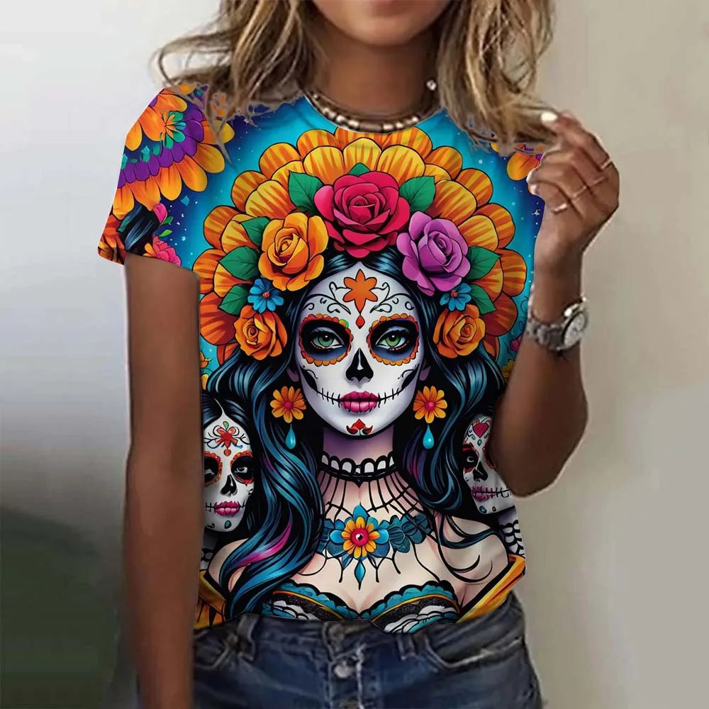 

Women's T-shirt for Girls Short Sleeve Casual Sexy Girls Clothes Summer Day of The Dead Undead Skull Pattern Oversized T-shirts