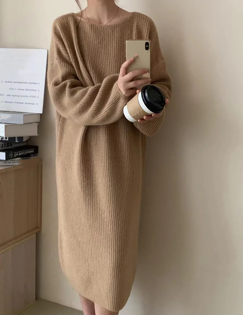 Women Round Neck Knit Dresses Loose Solid Casual Long Dress Full Sleeve Spliced Straight Warm Office Lady Vestidos Winter 2025
