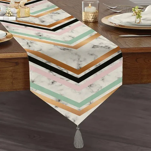 Real Homes Colorful Geometric Pattern Marble Pattern Digital Printed Custom Design Tassels Chenille Triangle Runner