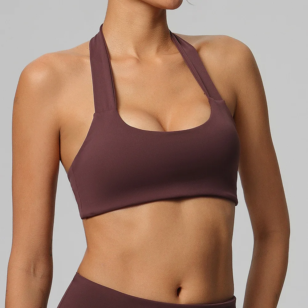 Hanging Neck Bra Gym Top Women Fitness Bra High Support Thin Strap Halter Sports Bras Scrunch Push-up Workout Bra Yoga Tank Tops
