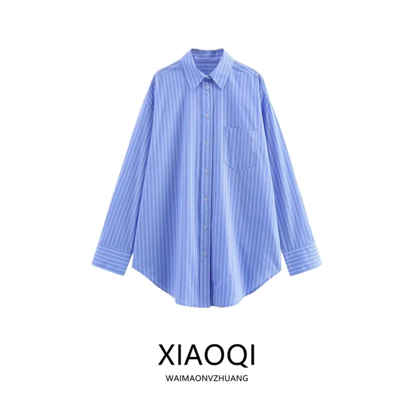 

Spring 2025 Women's Fashionable Striped Silk Gauze Shirt Long Sleeve Loose Fit Classic Collar Versatile Style New Arrival