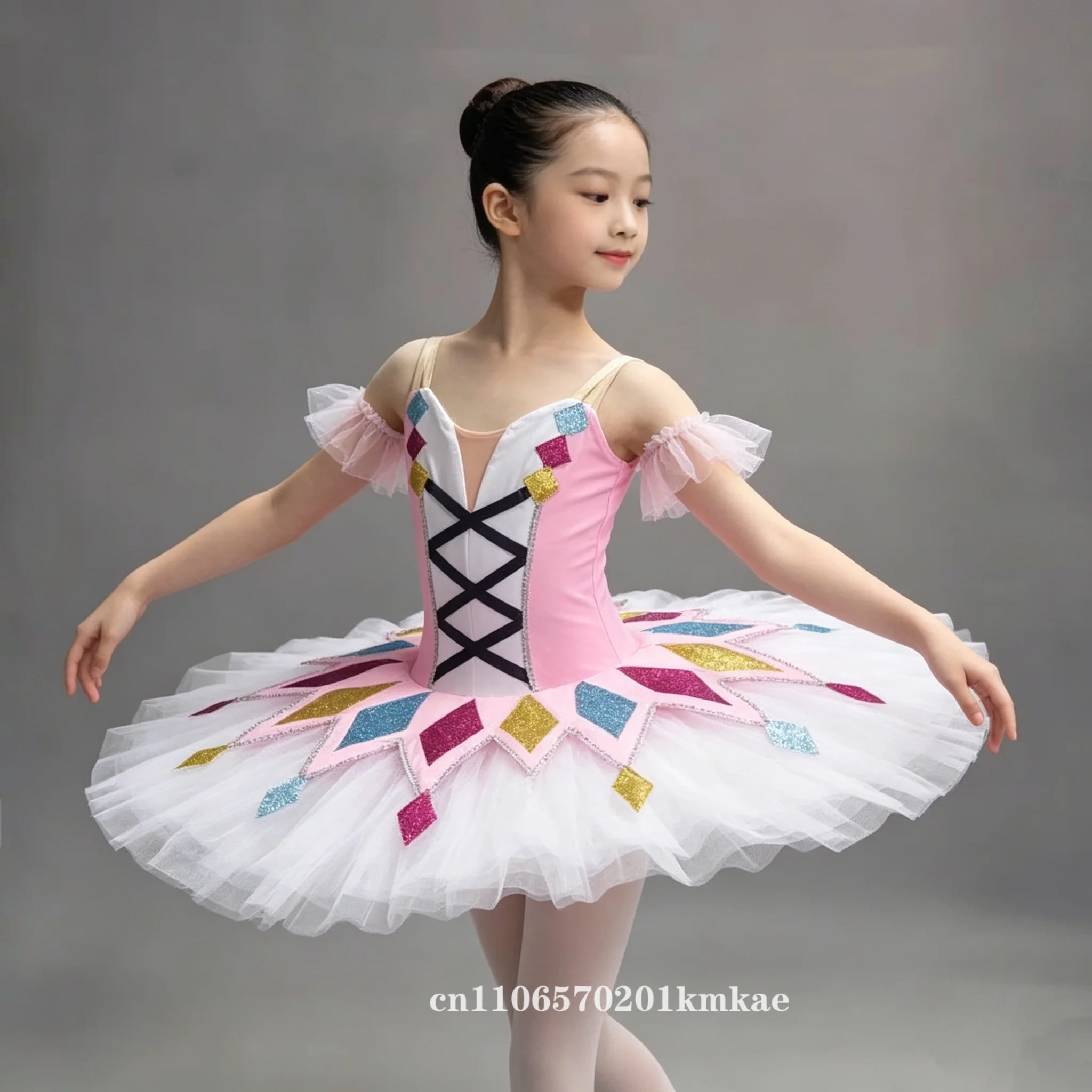 Colorful Geometric Ballet Tutu Dress For Women Kids, Pink White Pancake Tutu With Glitter Patterns, Professional Ballerina Costu
