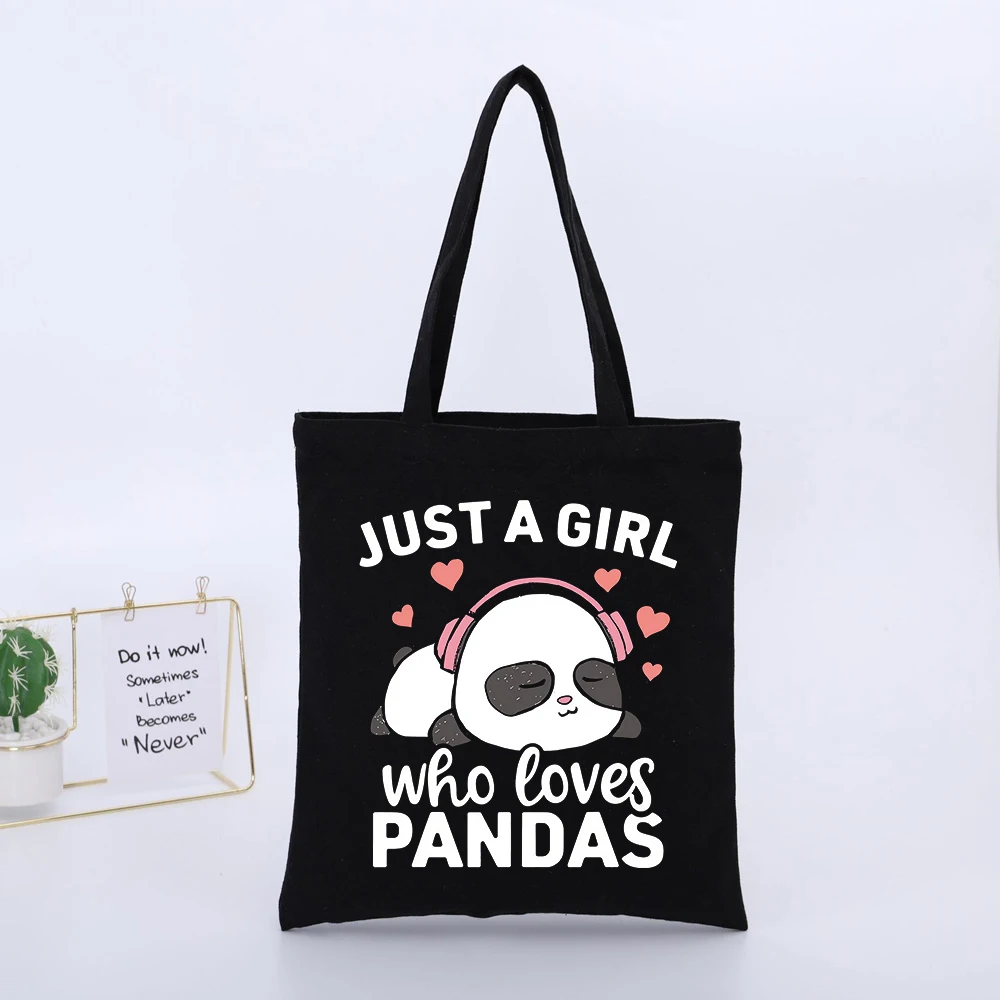 Panda Graphic Canvas Tote Bag with Typography Print, Casual Style for Daily Shopping