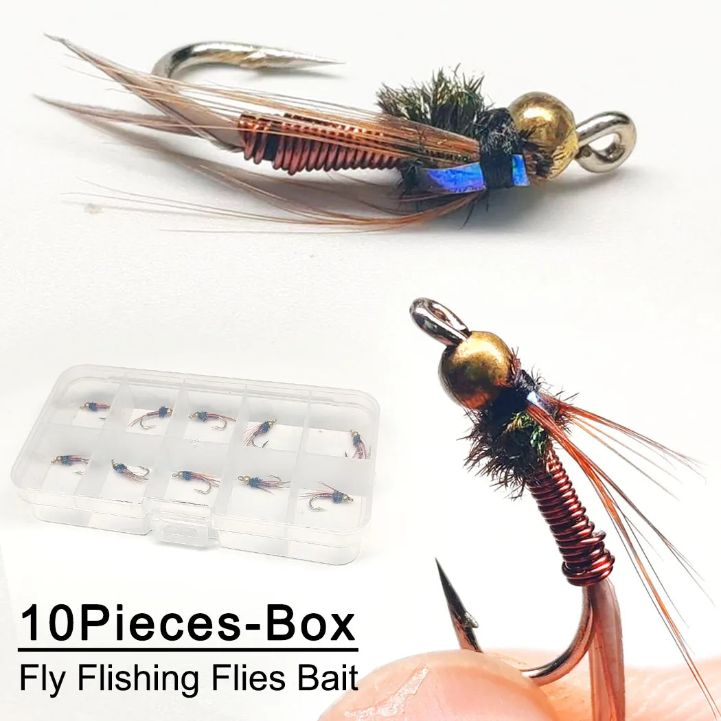 10 Stücke-mit Fliegen Box Fliegenfischen Fliegen Beadhead Prince Nymph Köder Trockenfliegen Köder Angeln Forelle/Bass Fliegenfischen Köder Köder