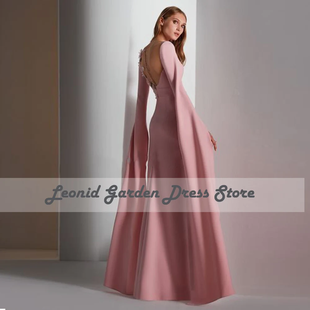 Pink Jersey 2022 Mother Of The Bride Dresses Mermaid Evening Dresses Flowers Simple Long Sleeves Jewel Neck  فساتين مناسبة رسمية