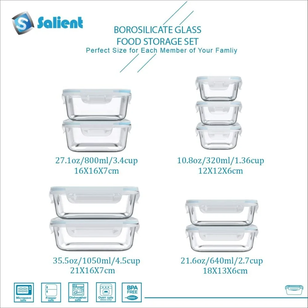 Set Wadah Penyimpanan Makanan Kaca 18 Buah dengan Tutup, Bebas BPA & Anti Bocor, Aman untuk Microwave & Oven, Persiapan Makanan