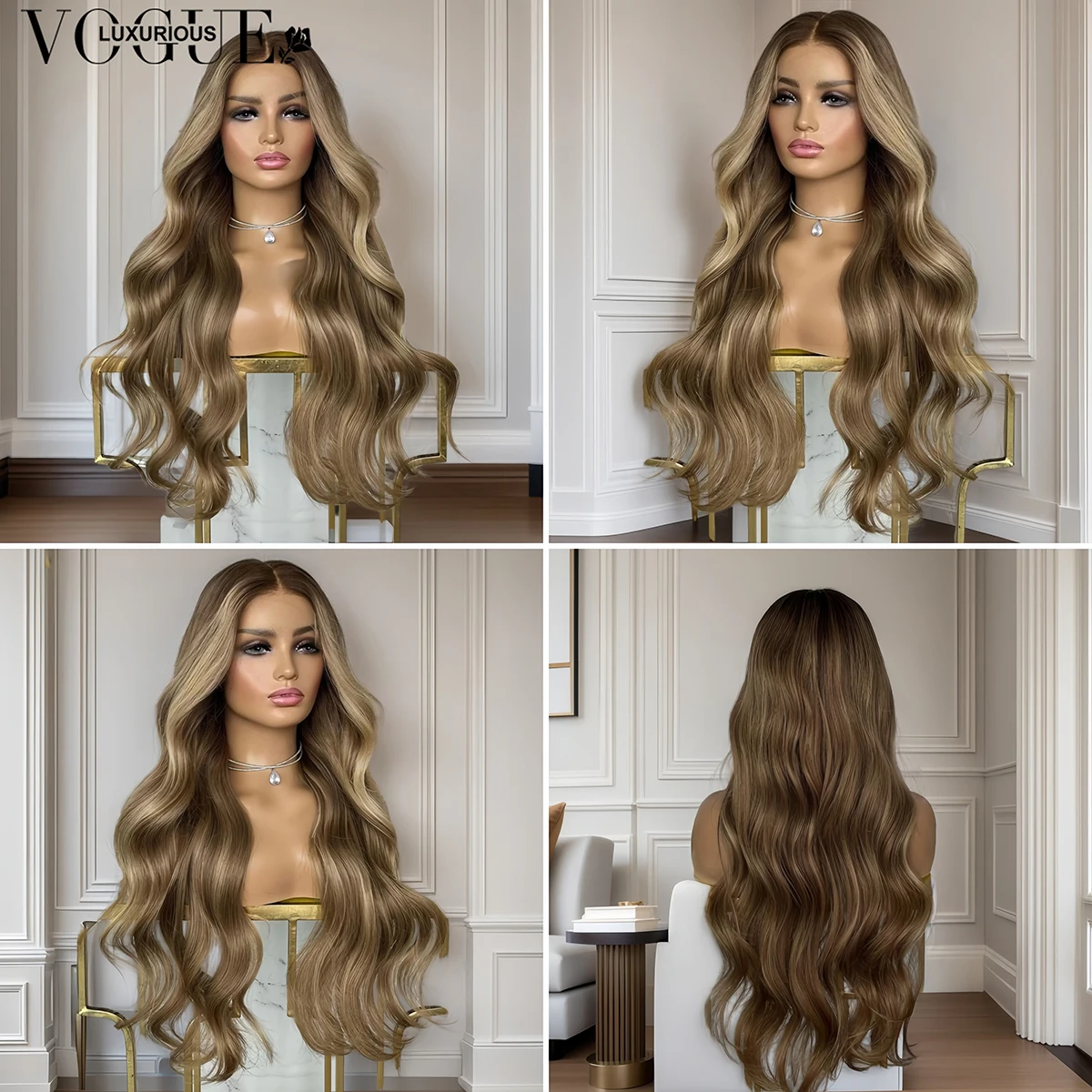 LUX VOGUE ضبابي مذهب بني Balayage اللون بيتشي موجة 100% شعر مستعار عذراء 260 كثافة قطعة المال تسليط الضوء على 13x6 ترقية الدانتيل #4