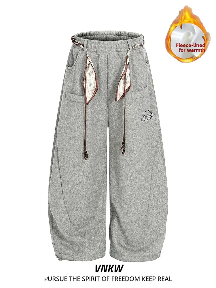 

American Retro Hip Hop Sle Fce Lined Thi Wide Leg Casual Pants Loose High Waist Warm Dstring Sports Long Trousers