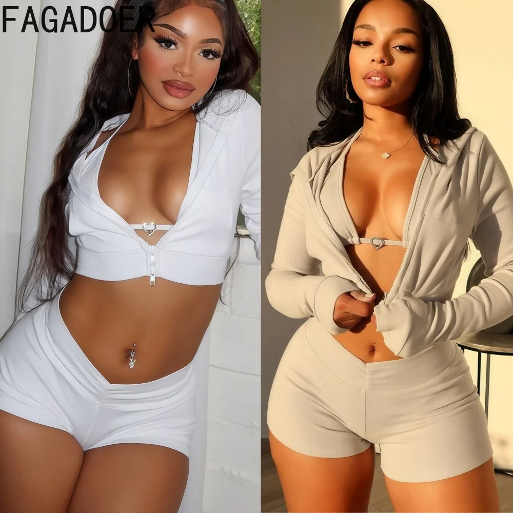 

FAGADOER Autumn New Sexy 2 Pieces Set for Woman Outfits Solid Color Long Sleeves Hooded Crop Jacket + Pants Female Streetwear